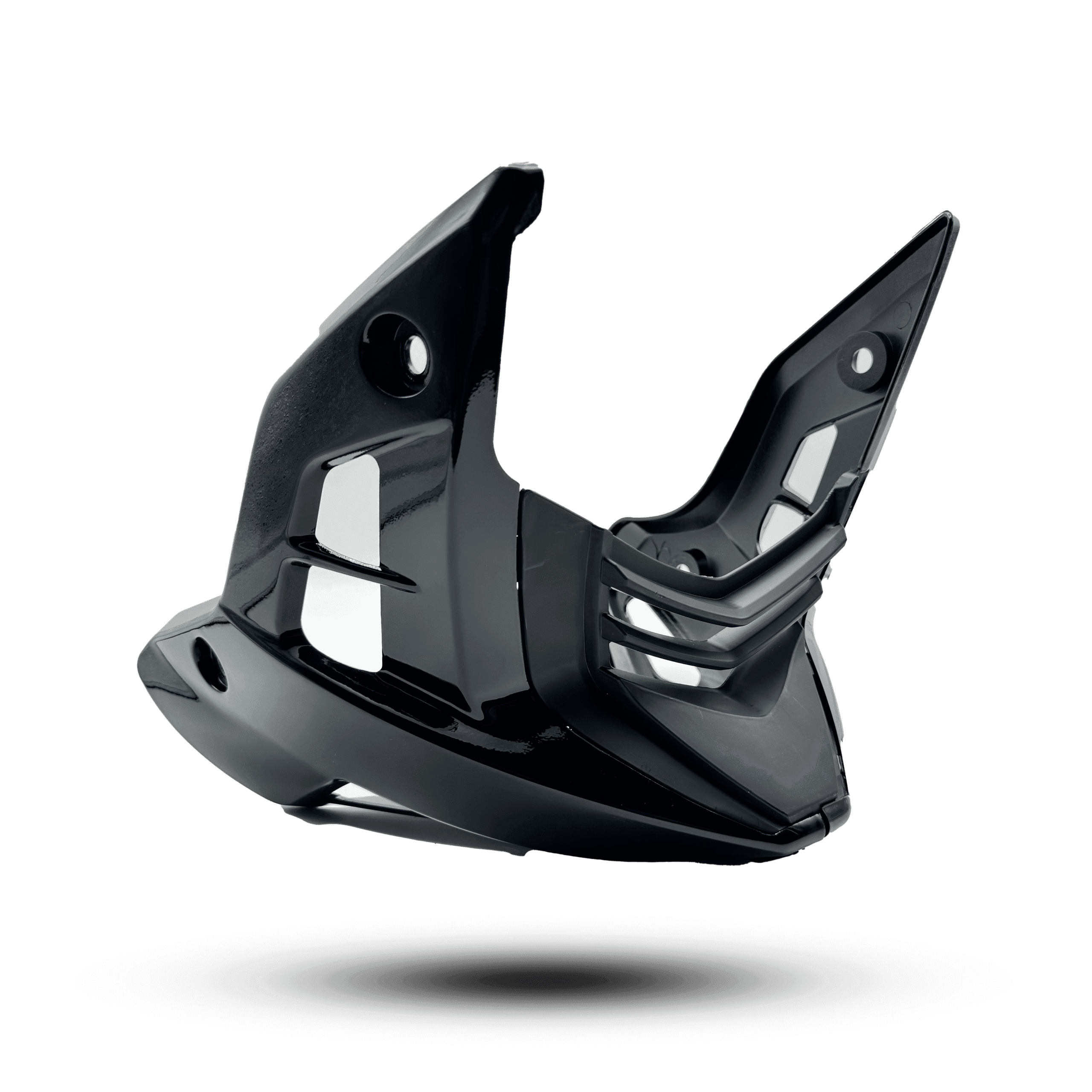 Black engine guard n1, a motorcycle part with a glossy finish, featuring angular design and mounting holes for secure attachment