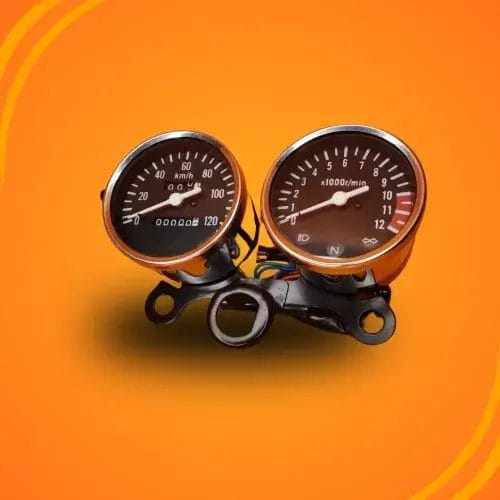 Classic motorcycle speedometer and tachometer gauge set, essential bike accessories Pakistan, showing speed and RPM. Find motorcycle accessories Pakistan at FancyBikes.pk