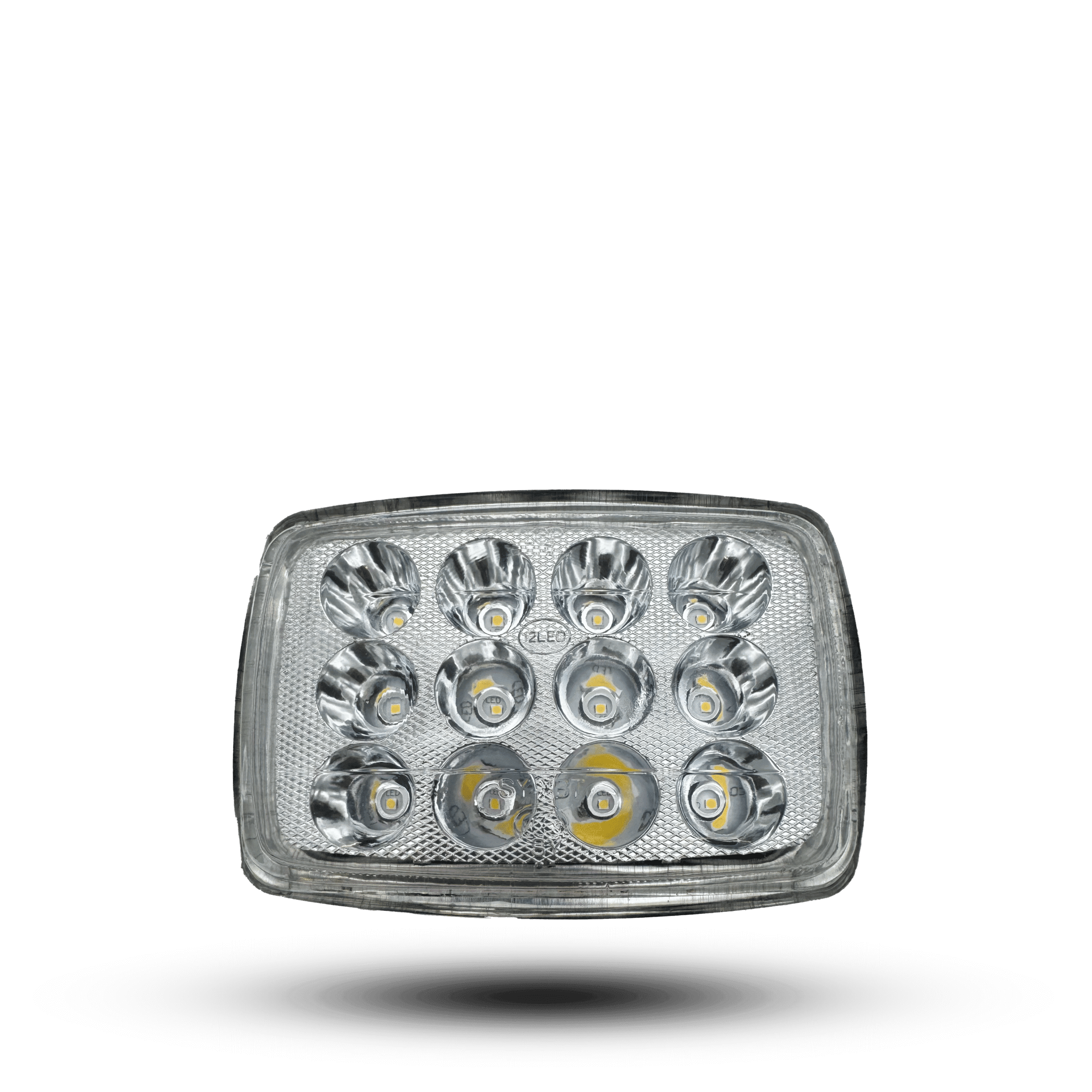 Clear lens reveals 12 individual LEDs in a led beam 12 china light, featuring reflective housings for enhanced brightness on a black background.