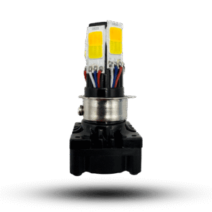w/y led m6 bulb with dual led chips on a metallic base, connected to red, white and blue wires, ideal for automotive lighting