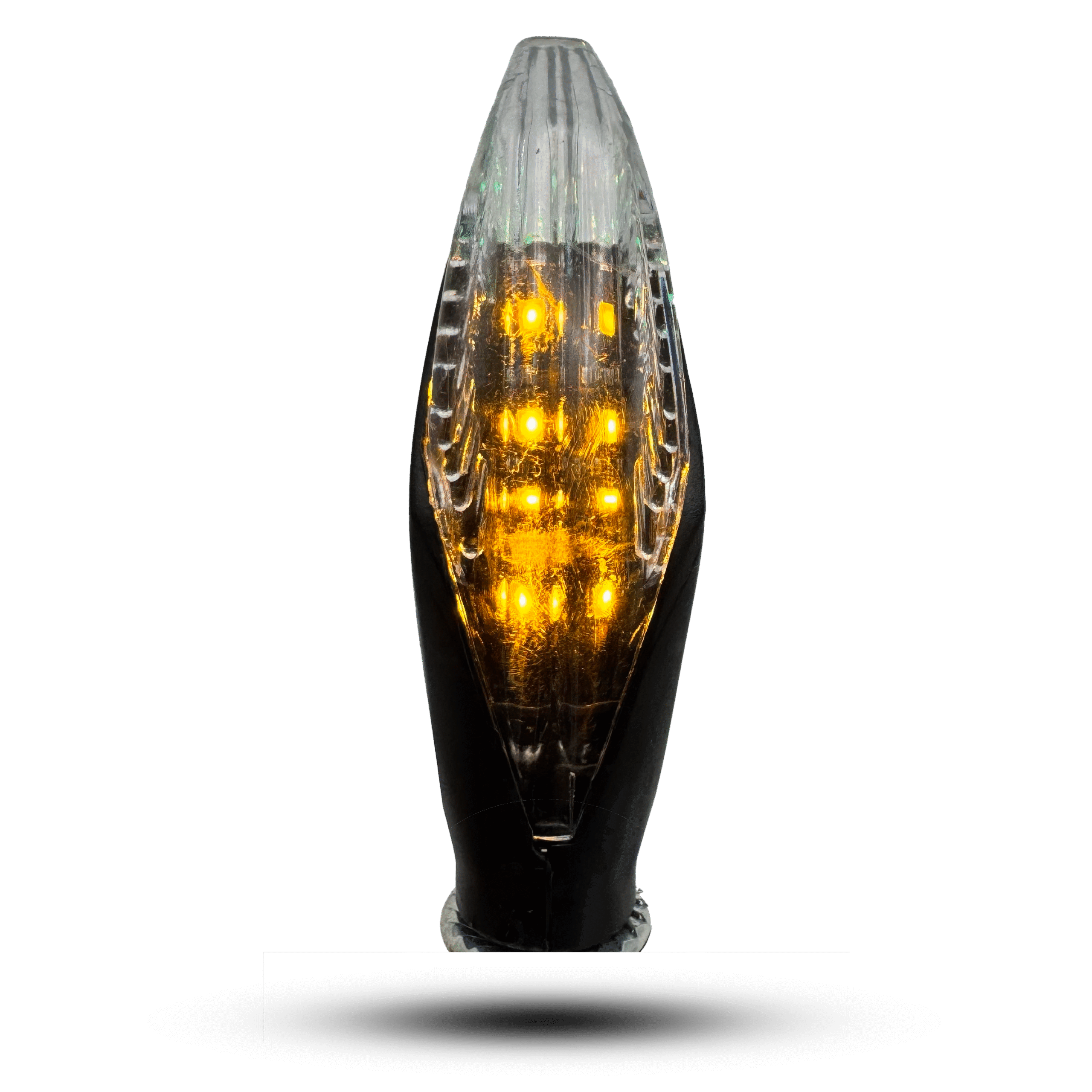 Clear-lensed motorcycle indicator led zx with bright amber LEDs, mounted on a black stem. Enhances visibility and style.