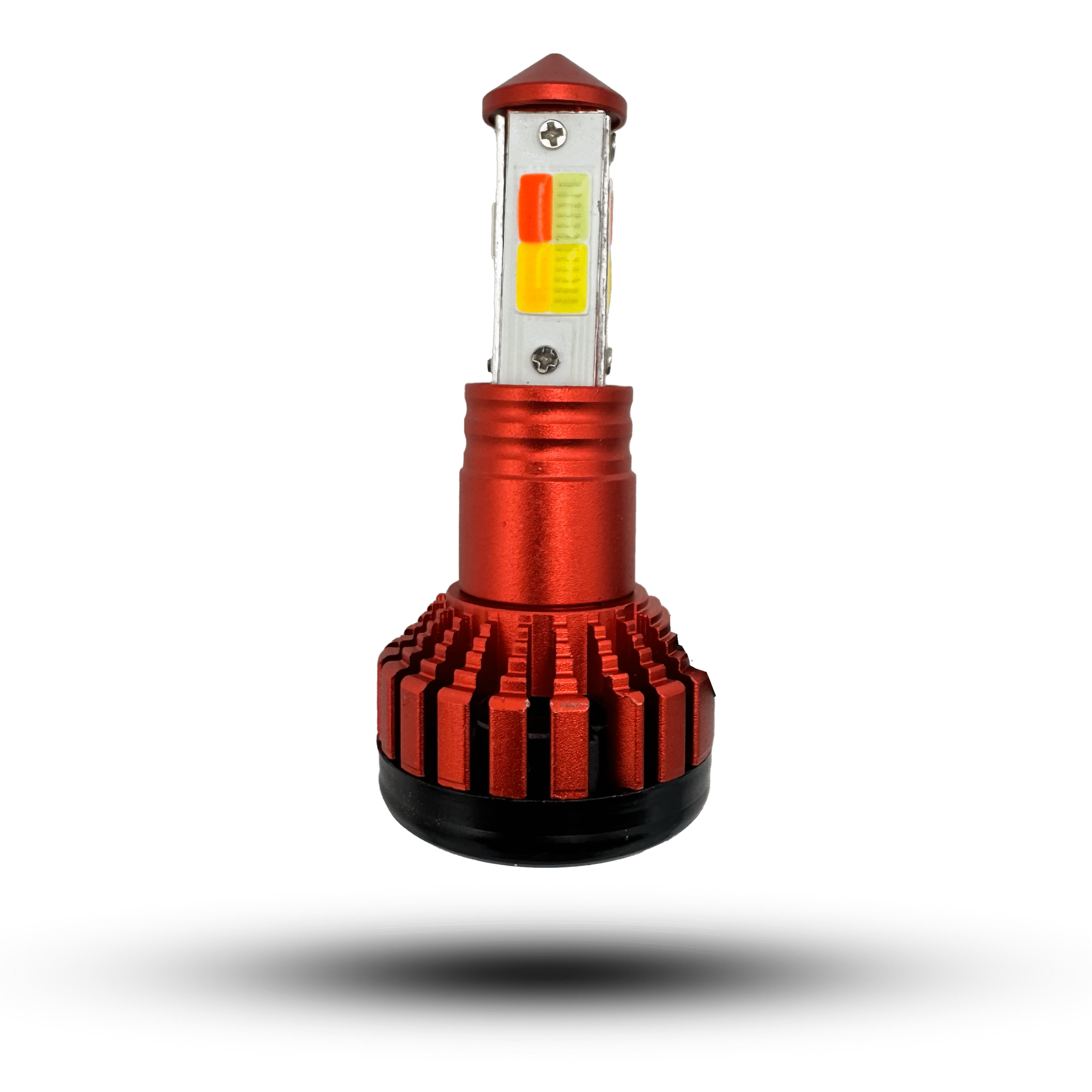 Red trmoto led m4f headlight bulb with a unique heat sink design and multi-colored LED chips on top.