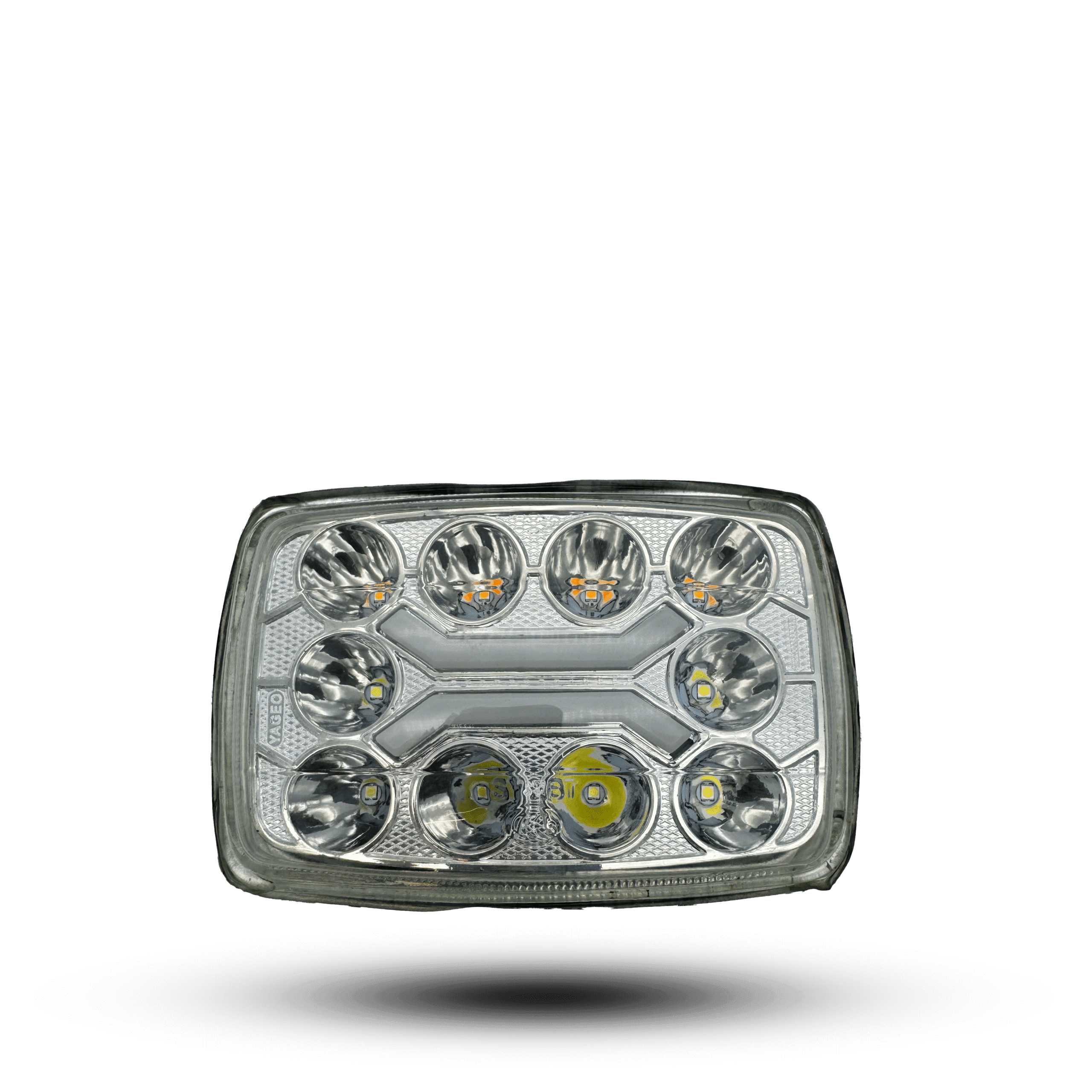 Rectangular LED headlight with chrome housing and multiple light elements LED BEAM 10S English led beam 10s headlight: rectangular chrome housing with a grid of bright led light elements for powerful illumination.