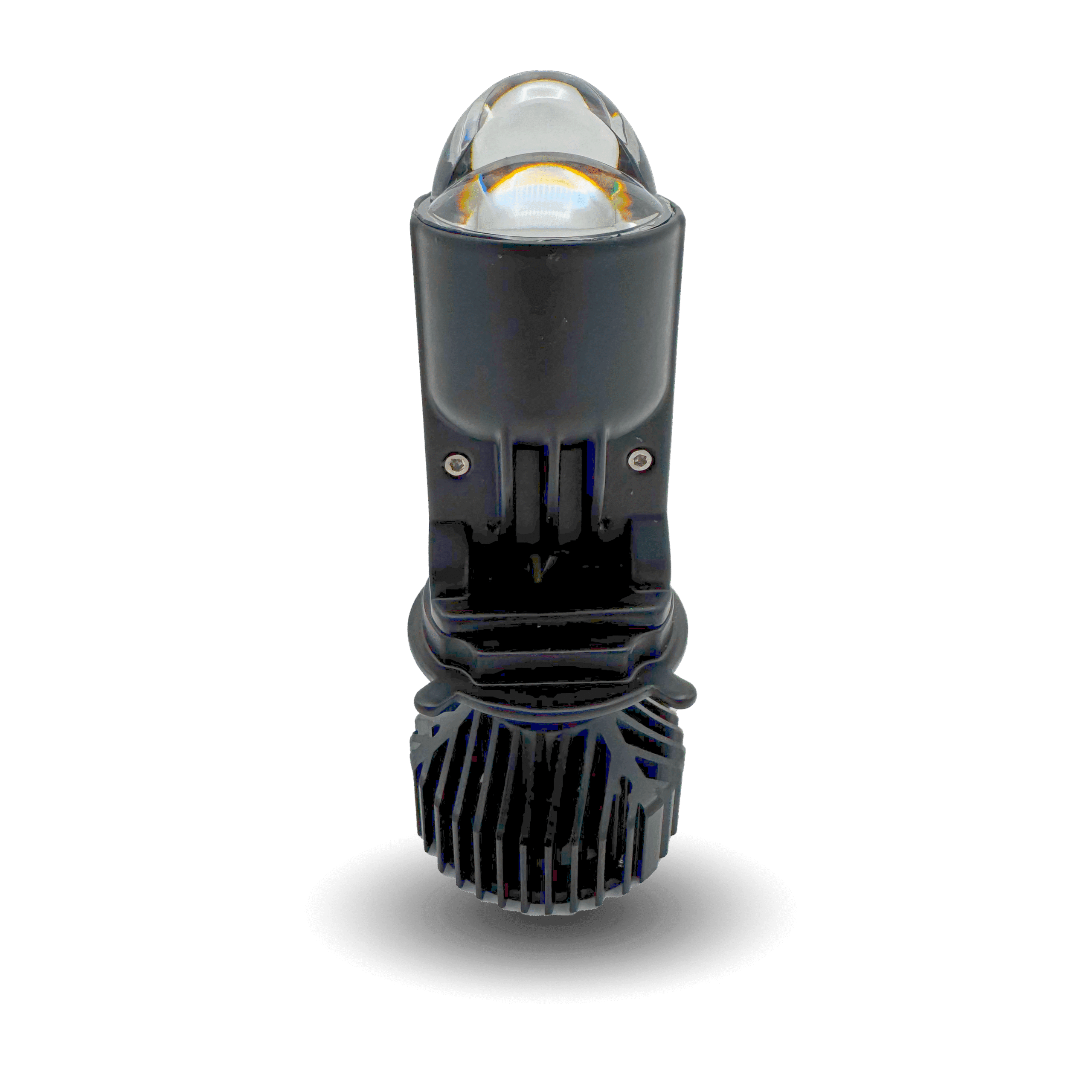 Black hjg h4 cutout led headlight bulb with a clear projector lens and a finned heat sink for efficient cooling.