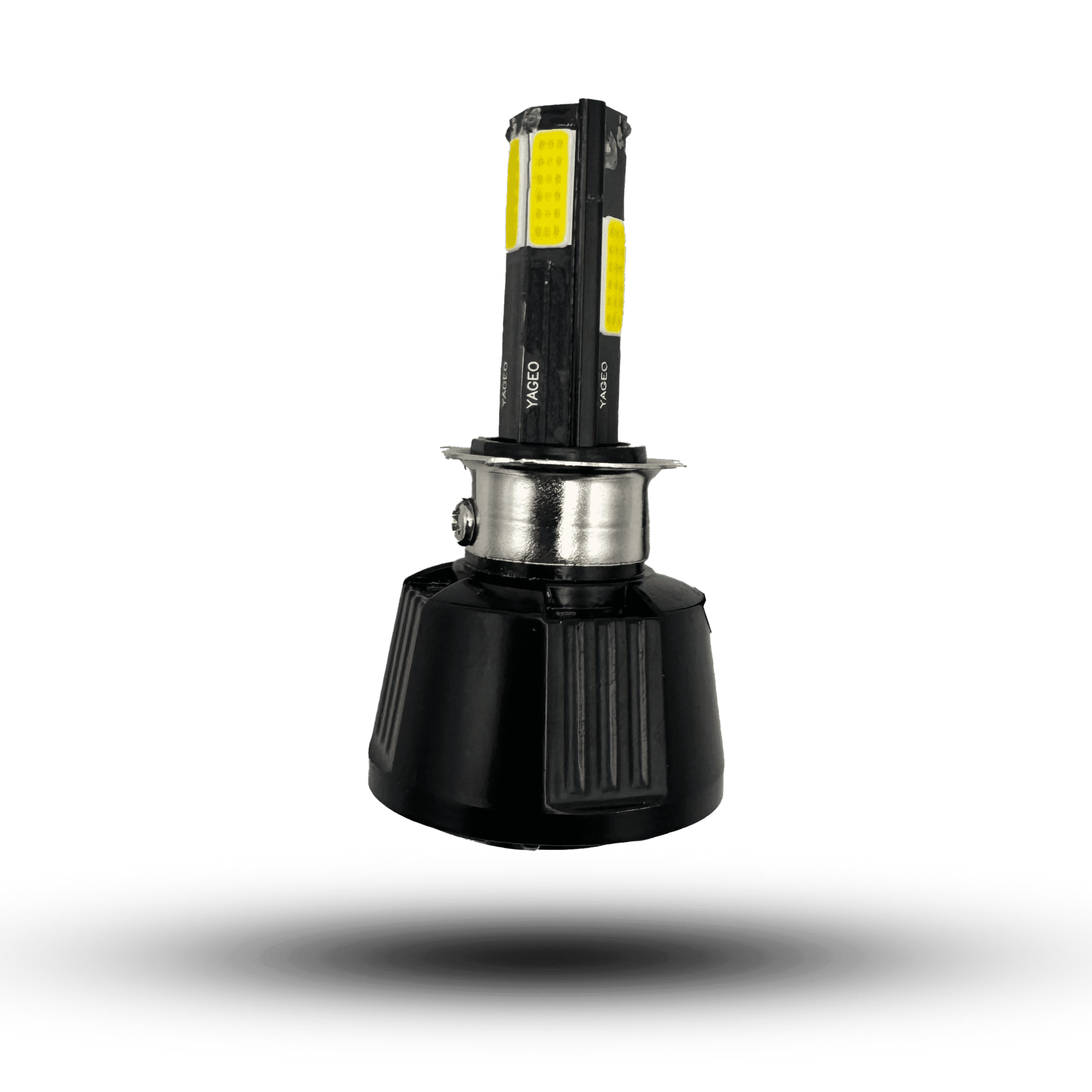 moto led mtx6 headlight bulb: black base, silver neck, and yellow LED panels, designed for brighter, more efficient vehicle lighting.