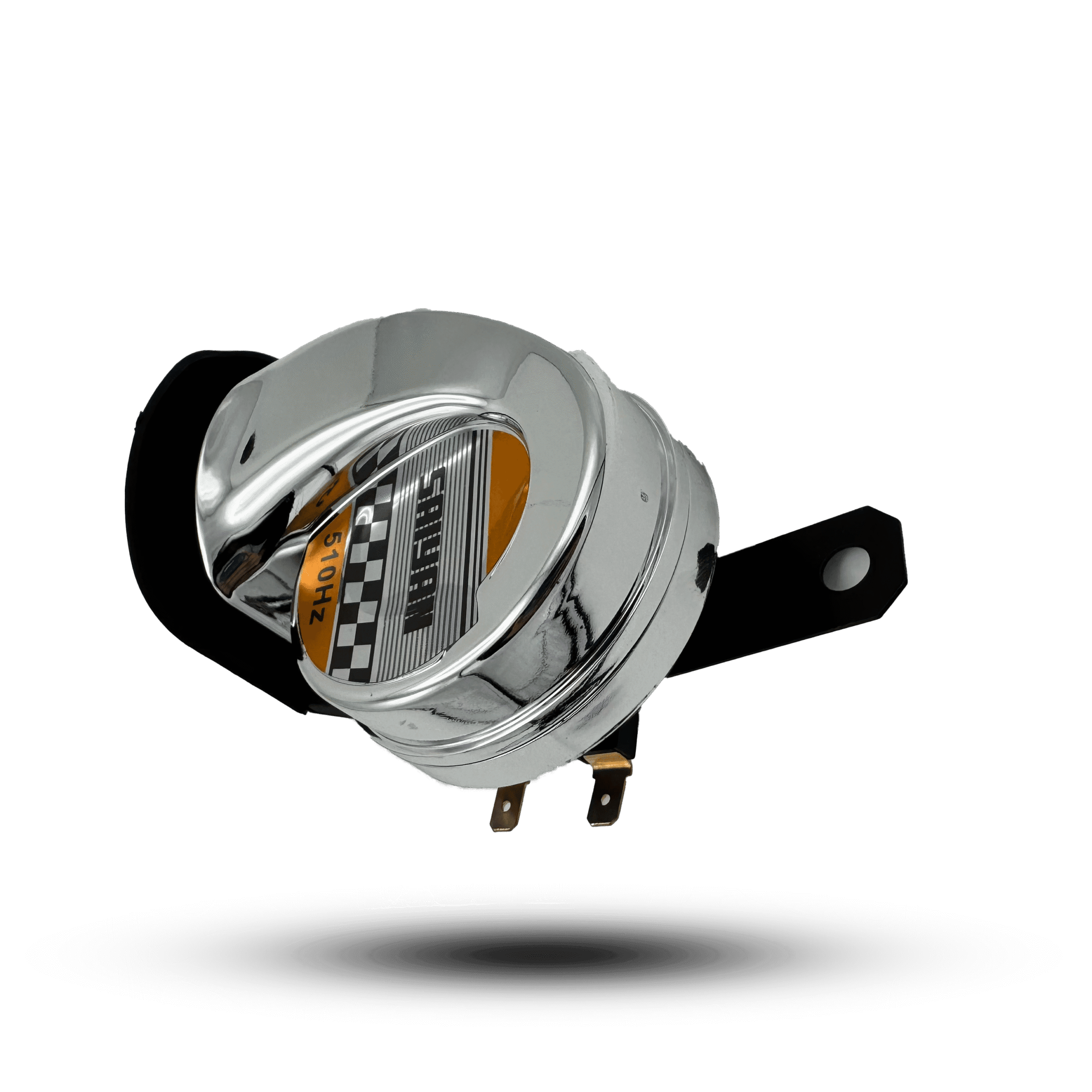 Shiny chrome horn single sa with checkered design and orange detail, mounted on a black bracket