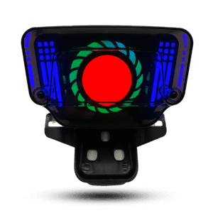 back light lava r1: Bike tail light with a bright red center, green and blue accent ring, and blue side marker lights for enhanced visibility.