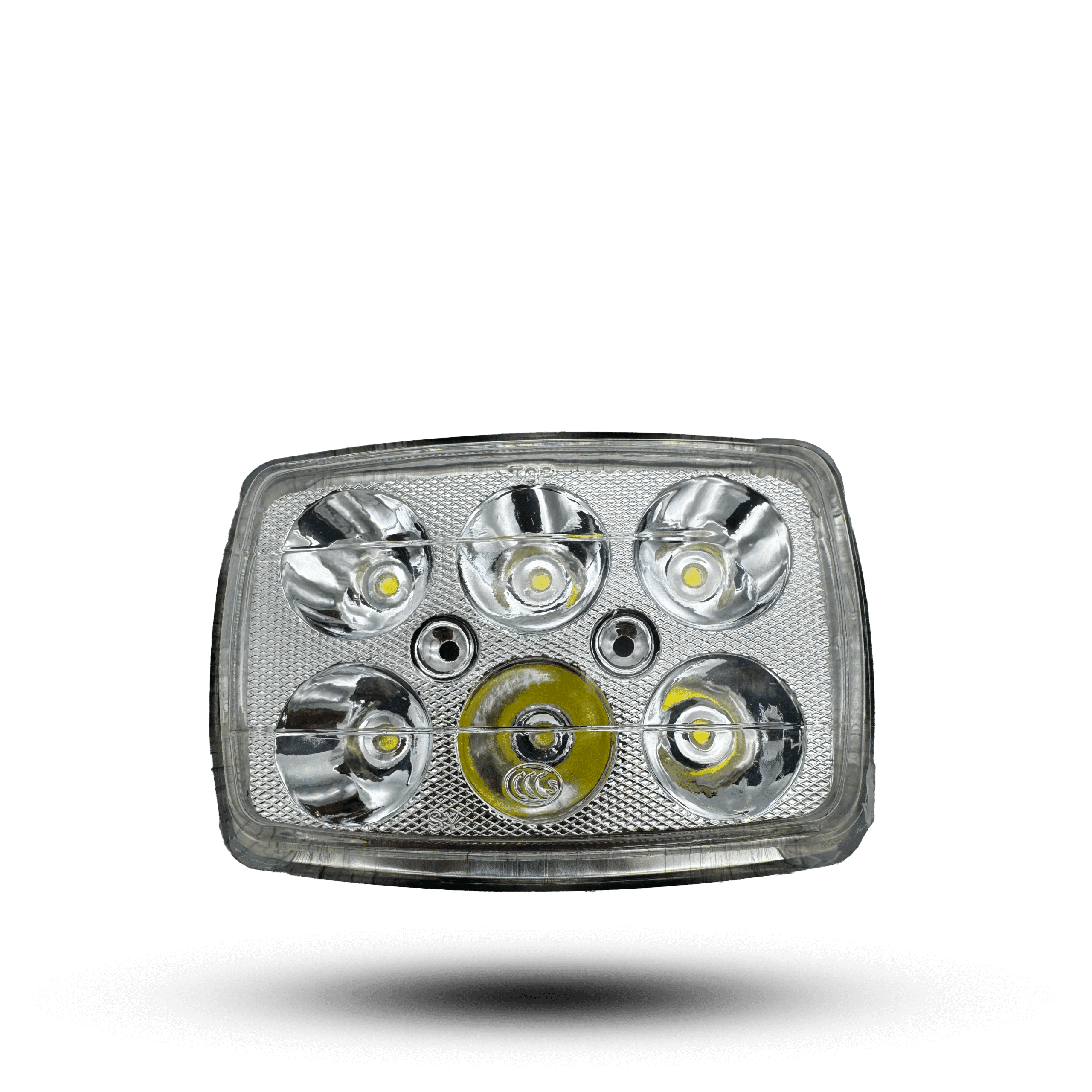 led beam 6 bulbs: a rectangular headlight with six round led lights and a reflective silver interior, set against a black background.