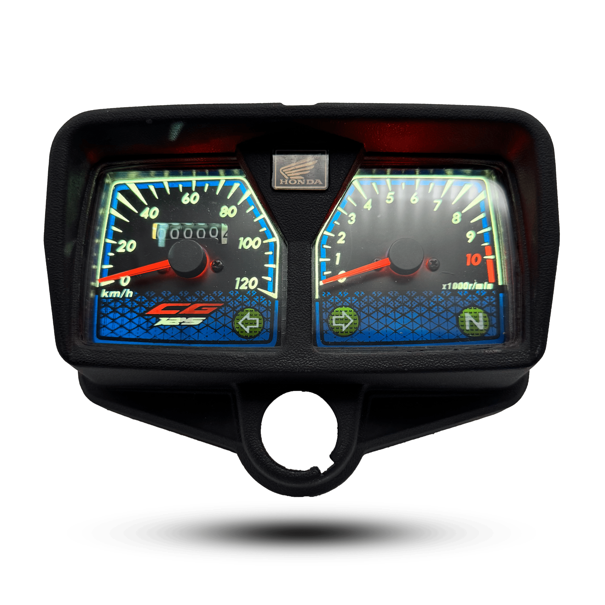 honda cg 125 led meter: illuminated speedometer and tachometer gauge with blue accents, black casing, and neutral indicator