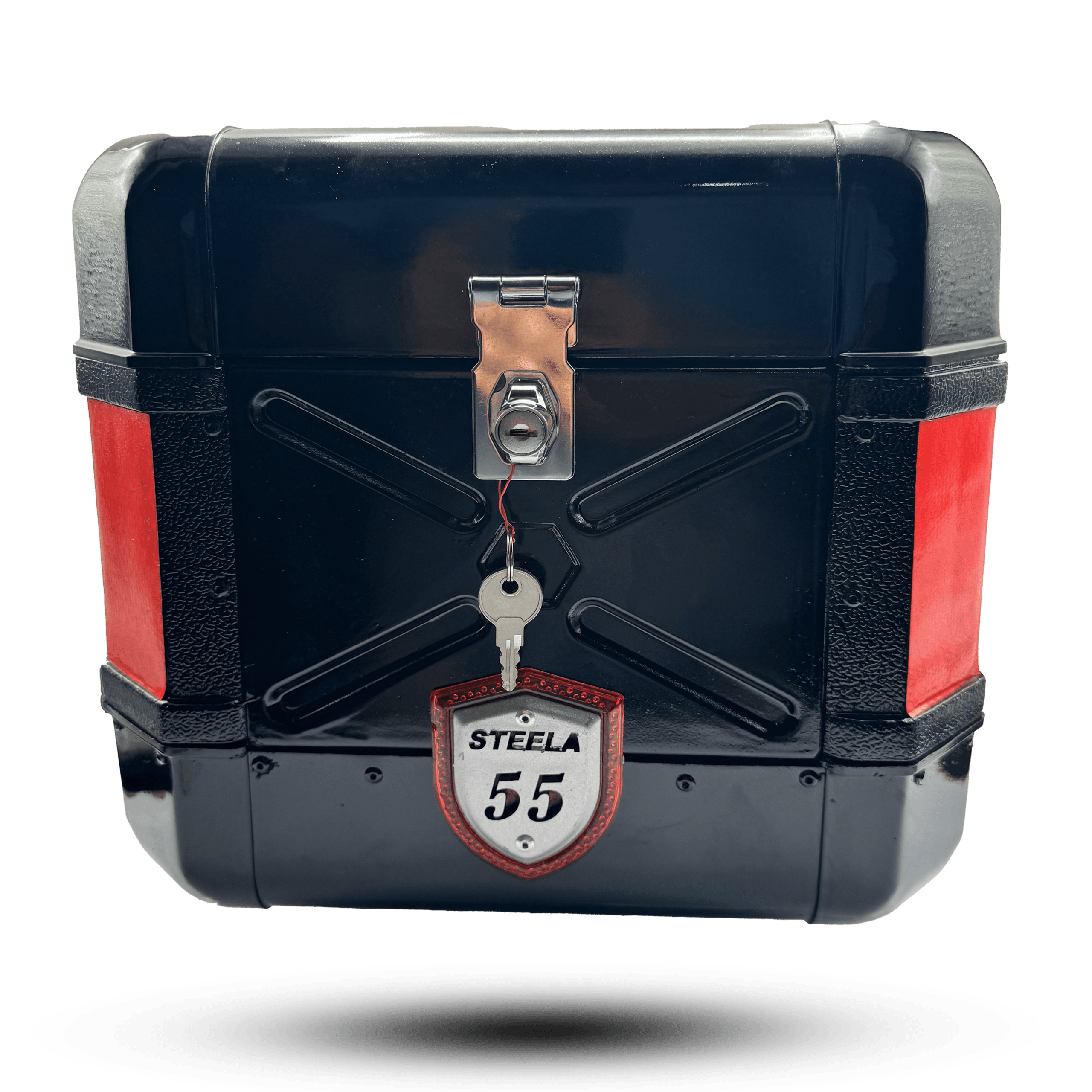 Black top box steela 35l with red accents, secure lock, and key with "Steela 55" tag for motorcycle or scooter storage.