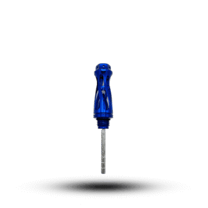 Blue anodized oil guage cnc f1 with knurled handle and graduated dipstick, precision machined for accurate oil level readings.