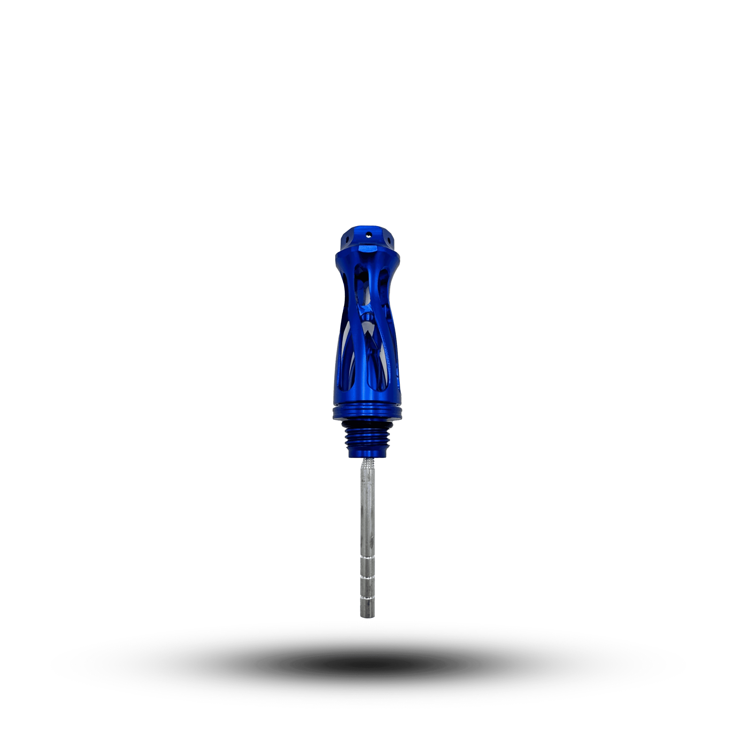 Blue anodized oil guage cnc f1 with knurled handle and graduated dipstick, precision machined for accurate oil level readings.