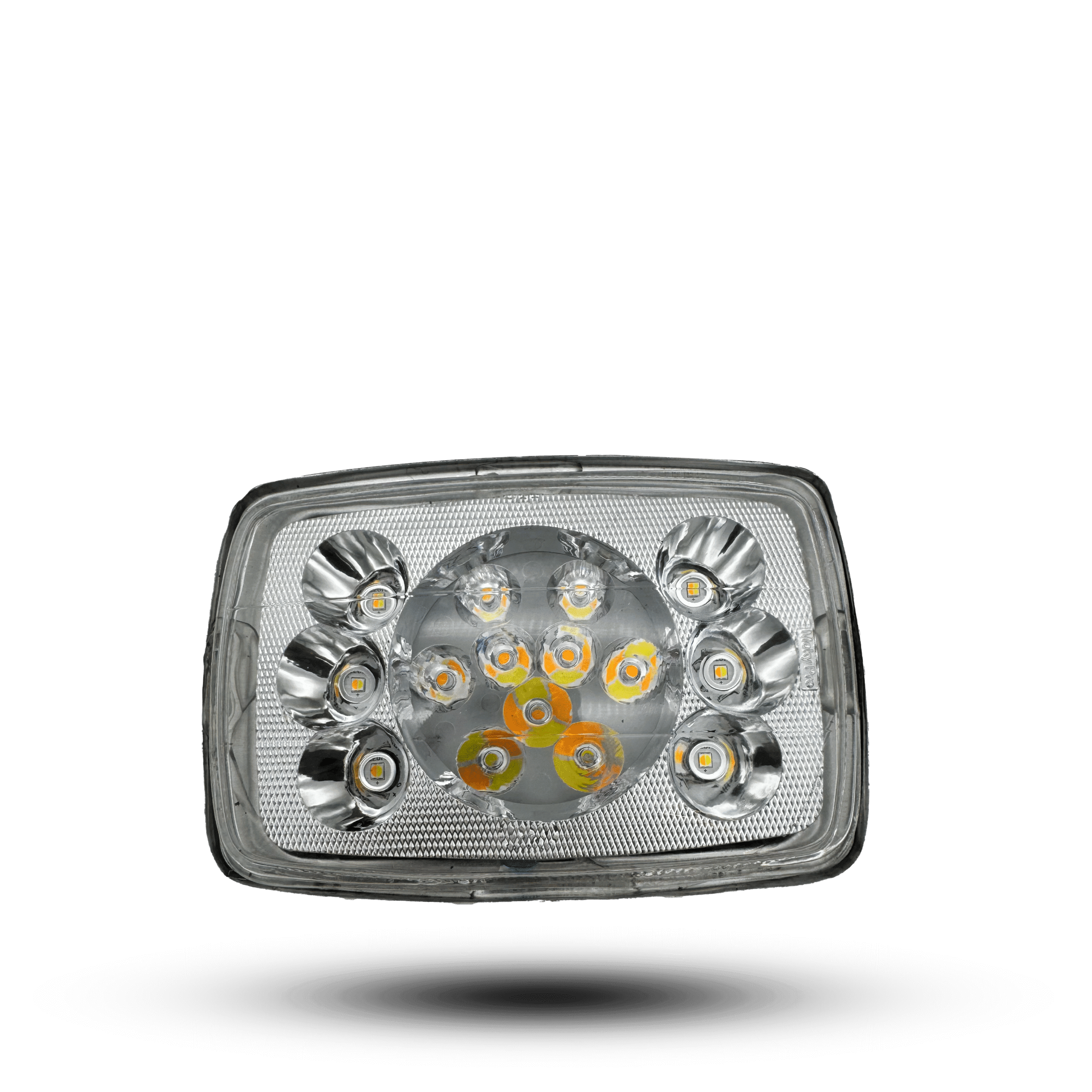 LED BEAM 18 English Rectangular led beam 18 light with clear lens and reflective housing, featuring multiple led bulbs arranged in a circular pattern.