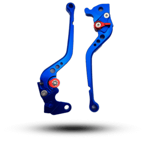 Blue moxi lever set ybr for motorcycles, featuring red adjusters and a sleek, performance-enhancing design.