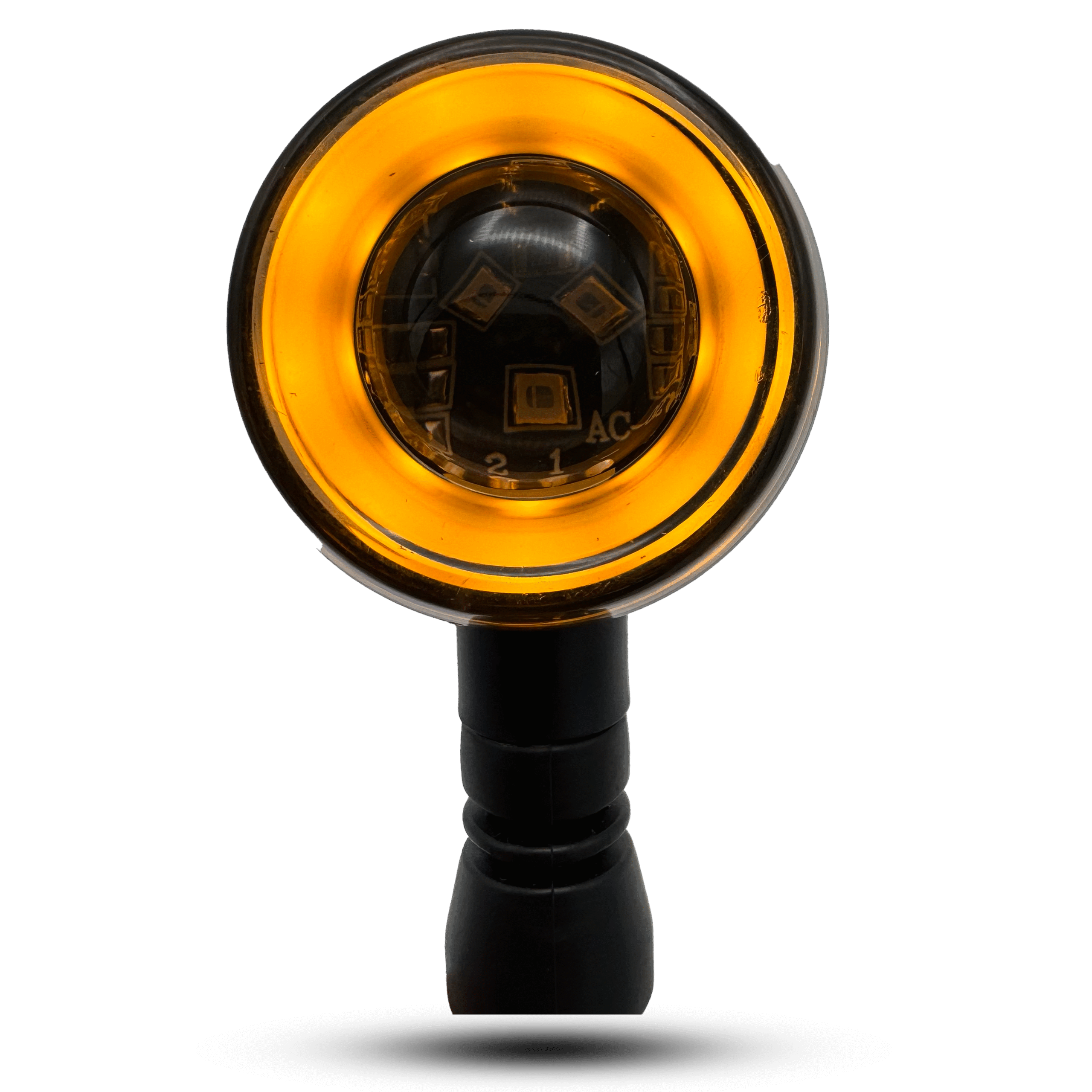 Round indicator led light with a bright amber glow and a black flexible stem.