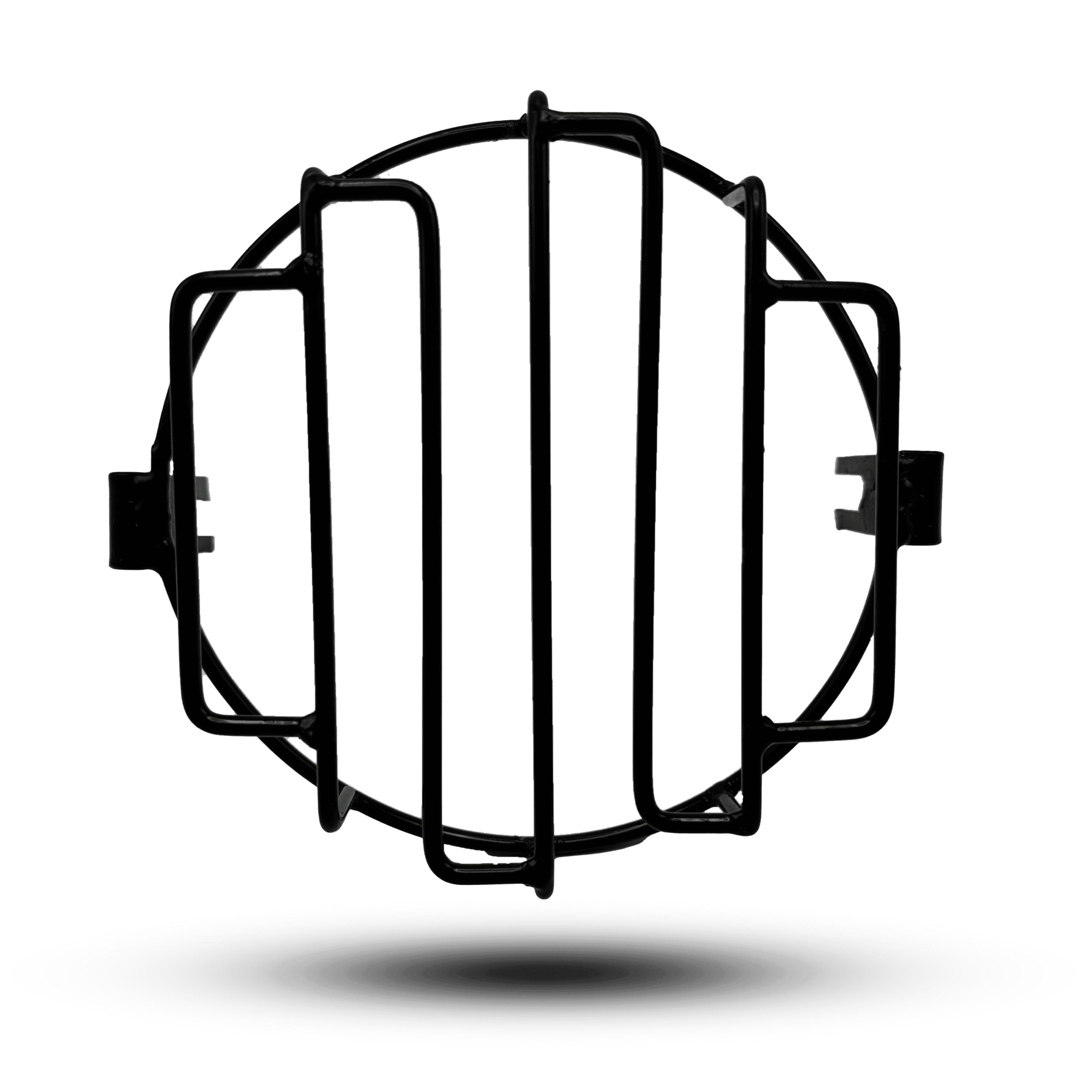 Black metal head light grill with vertical bar design, providing protection and a rugged look.