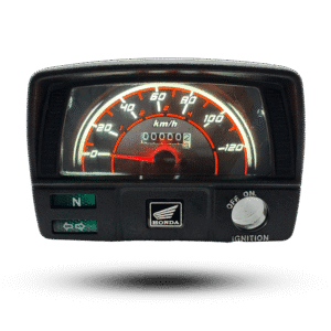 Illuminated honda cd70 led meter showing speedometer, odometer, neutral indicator, and turn signals on a black background.