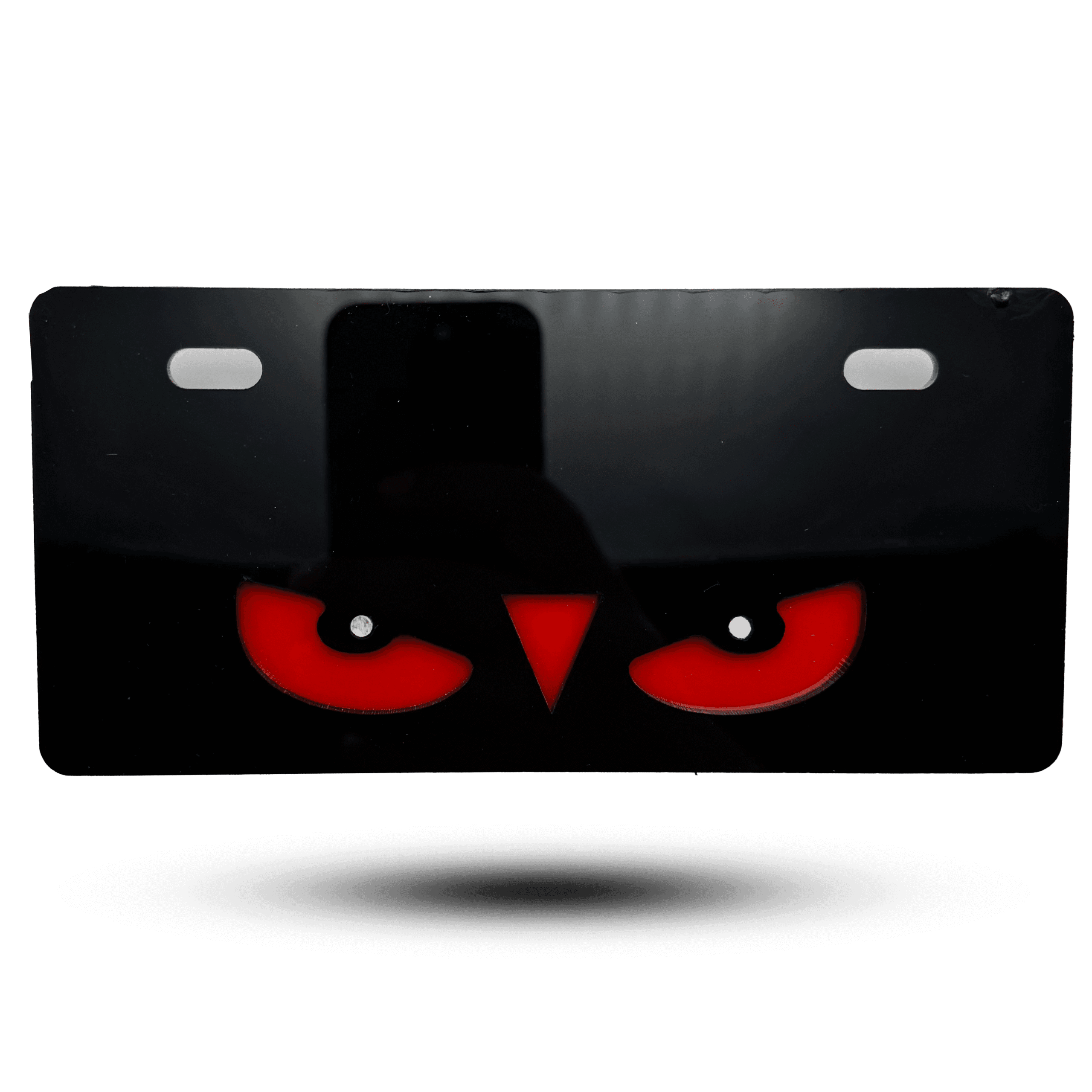 ****Black license plate with menacing red eyes design; a bold, edgy statement for your vehicle. Eyes name plate adds a unique touch.**