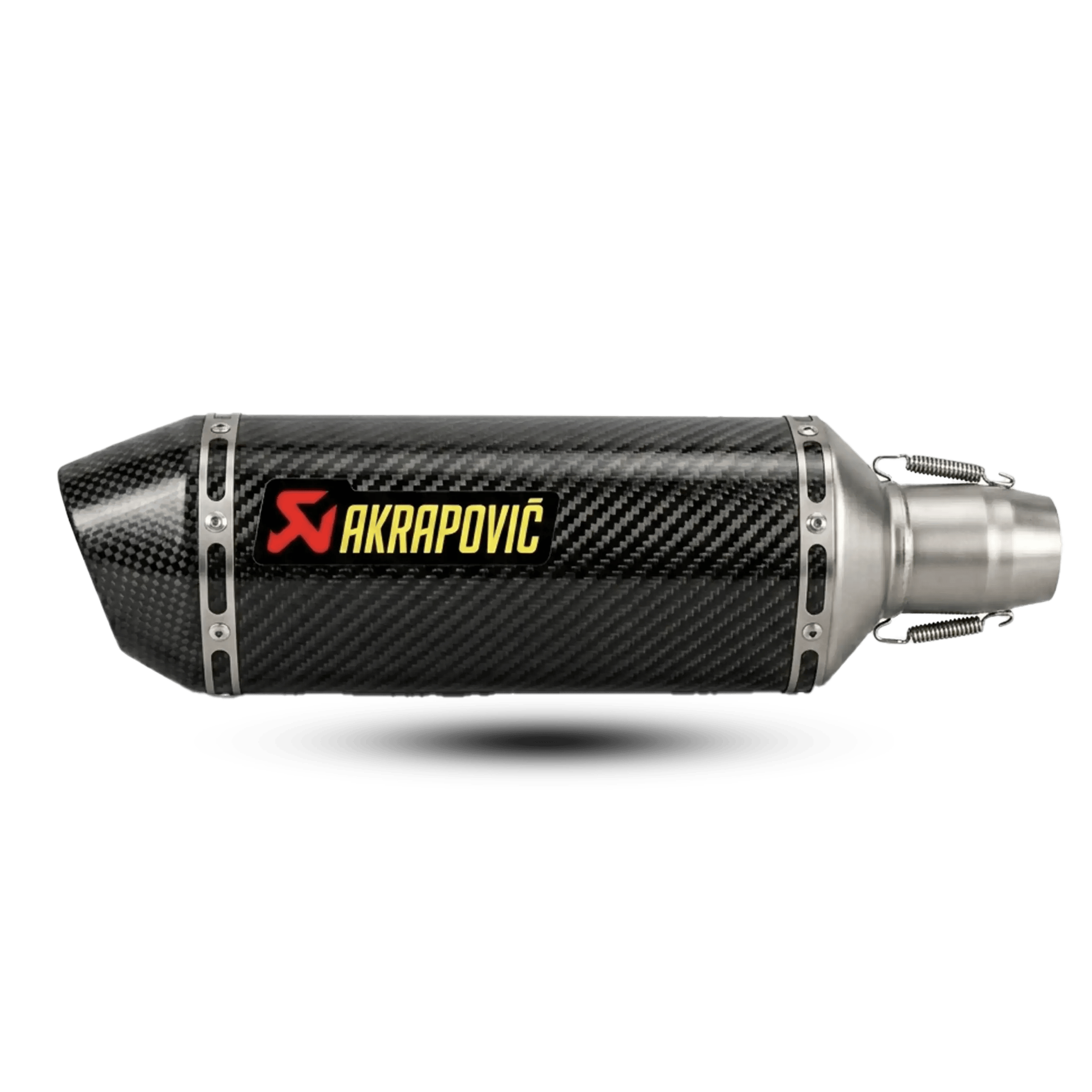 Carbon fiber Akrapovic motorcycle exhaust muffler with silver riveted bands, a silver connection pipe, and mounting tension springs, isolated on a black background.