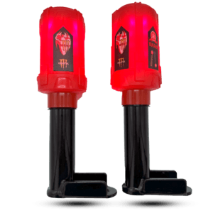 Pair of red crash rod r1 accessories with black mounts, featuring Monster Energy and Yamaha logos, designed for motorcycle protection