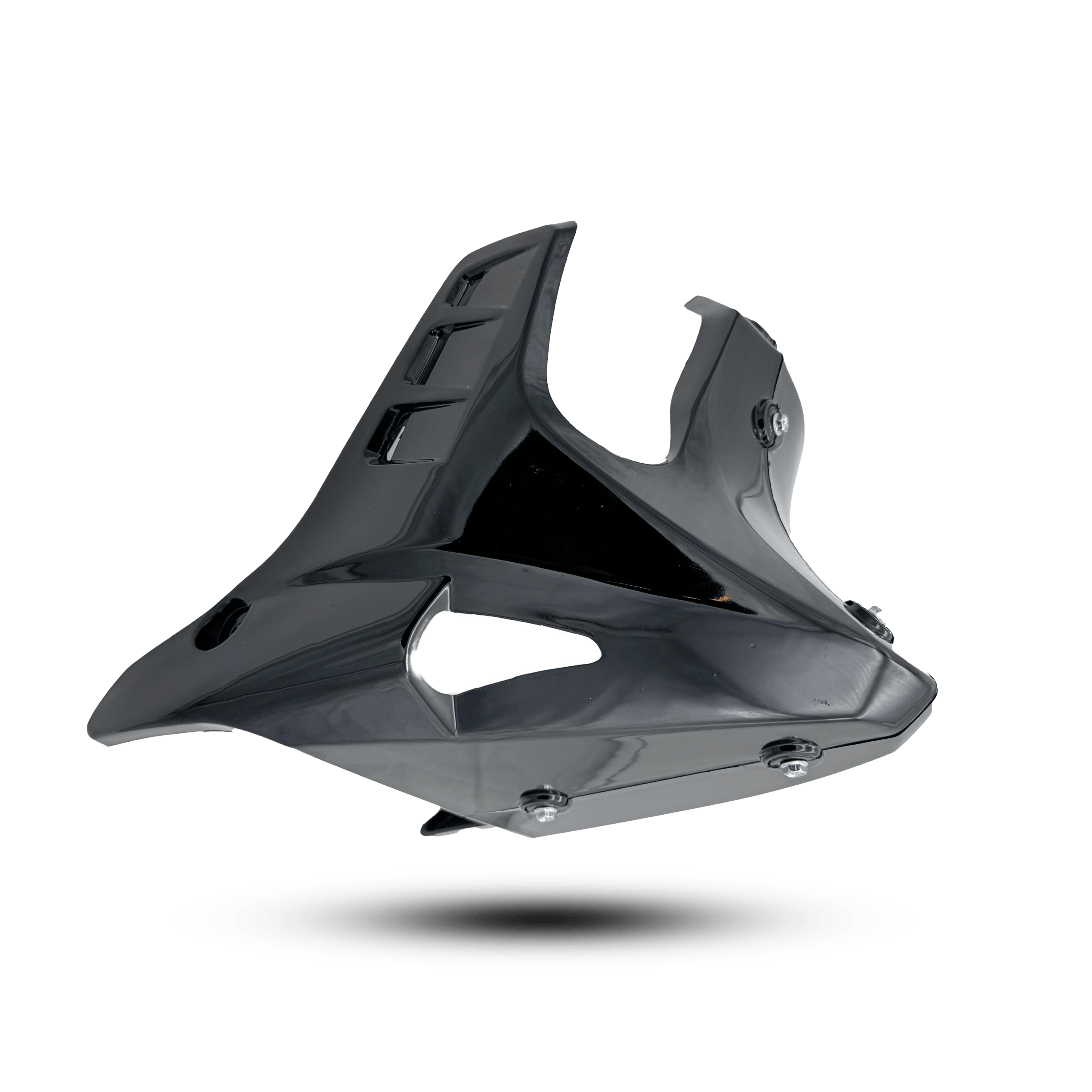 Glossy black engine guard universal, featuring vents and multiple mounting points for secure motorcycle attachment