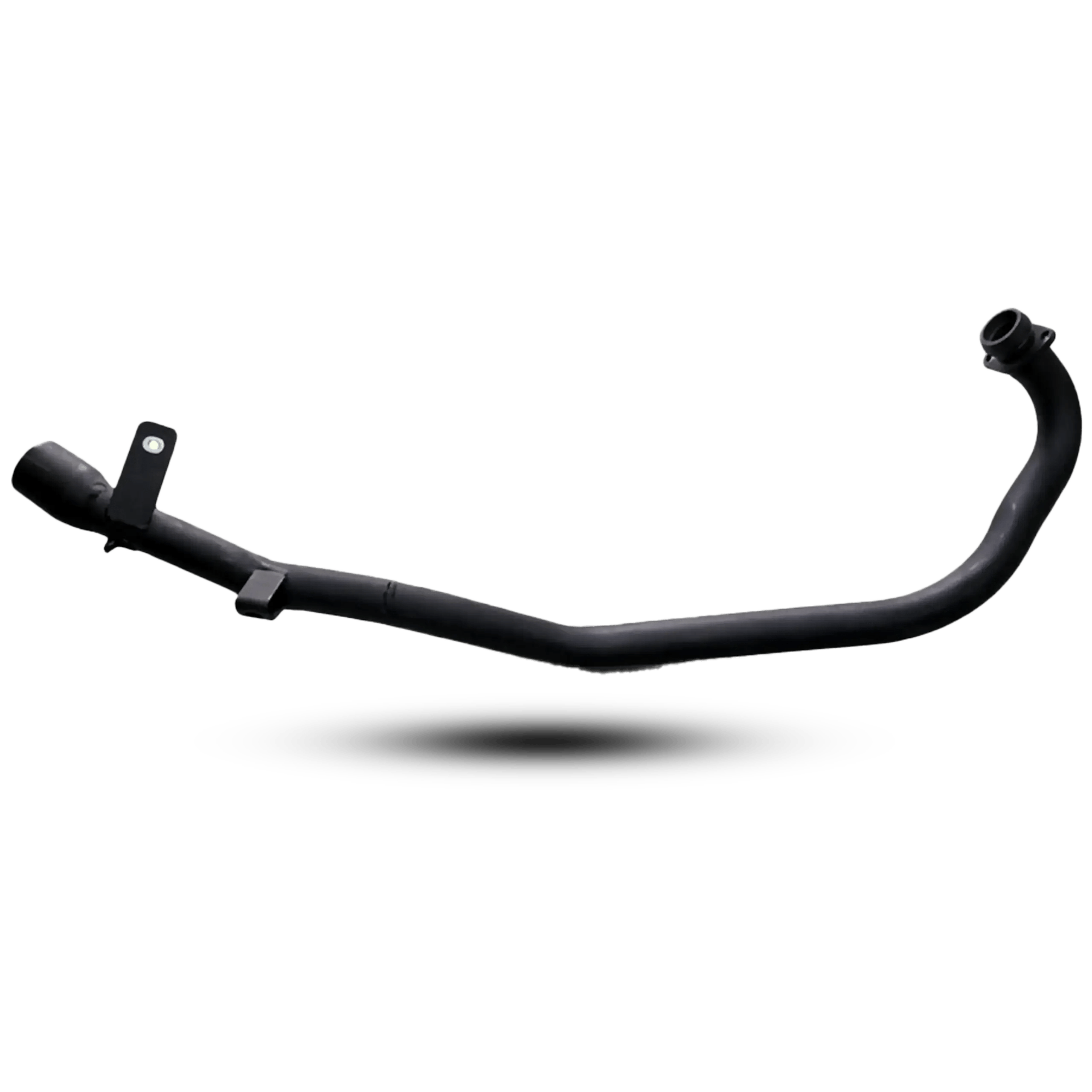 A matte black motorcycle exhaust header bend pipe featuring welded middle mounting brackets and an engine connecting flange, isolated on a solid black background.