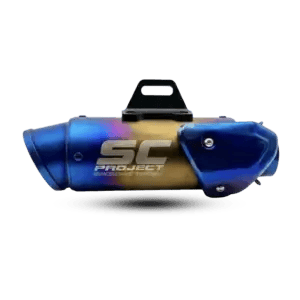 A vibrant SC Project motorcycle exhaust muffler featuring a gradient burnt blue and gold titanium-style finish, a dark blue heat shield, and a black mounting bracket.