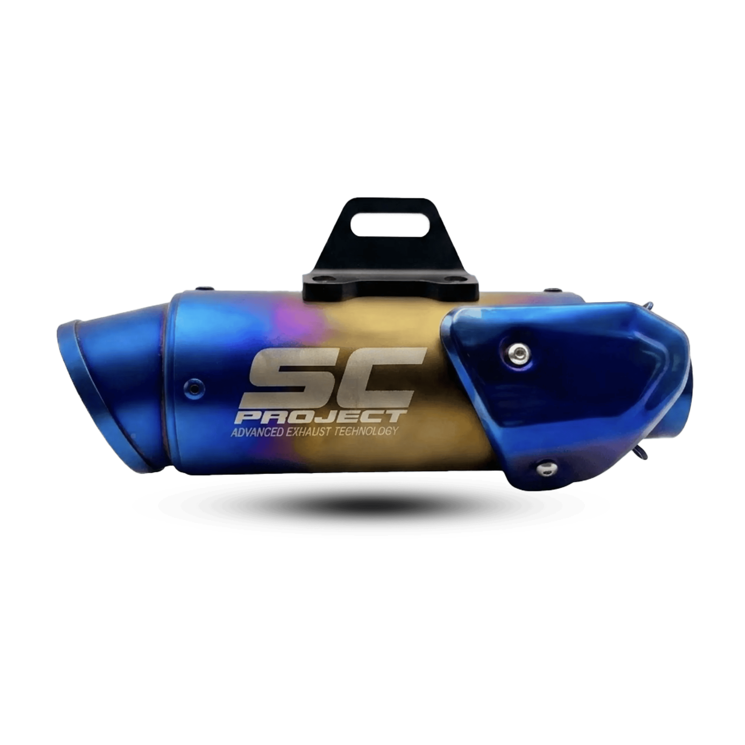 A vibrant SC Project motorcycle exhaust muffler featuring a gradient burnt blue and gold titanium-style finish, a dark blue heat shield, and a black mounting bracket.