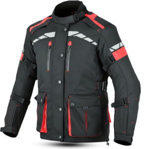 Black safety jacket extreme apx evo with red accents, reflective stripes, multiple pockets, and adjustable straps for a secure fit.