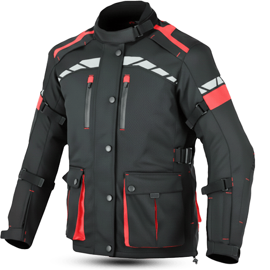 Black safety jacket extreme apx evo with red accents, reflective stripes, multiple pockets, and adjustable straps for a secure fit.