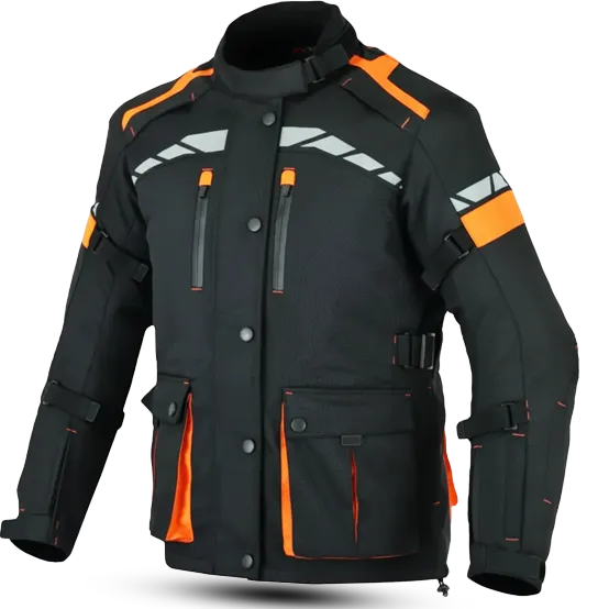 Extreme Apex Orange motorcycle riding jacket in black and neon orange with reflective safety strips and multiple utility pockets for bikers in Pakistan.