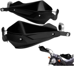 Black vaeven hand guard metal set for motorcycle, with carbon fiber-look lower and aluminum mounts, providing handlebar protection.