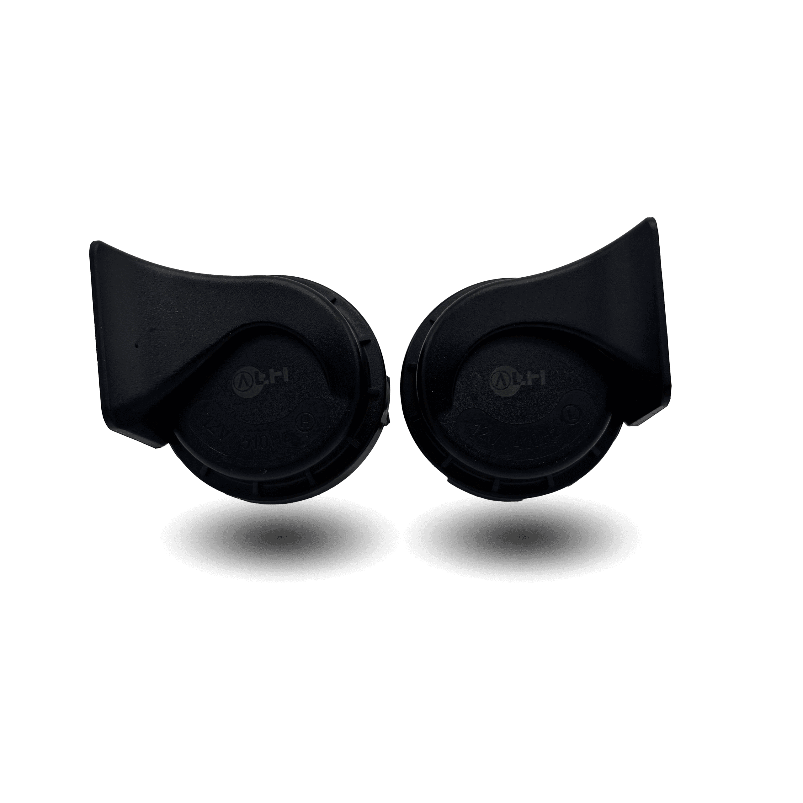 Pair of black mr horn car horns, compact design with ALH logo, ready to install for enhanced vehicle safety