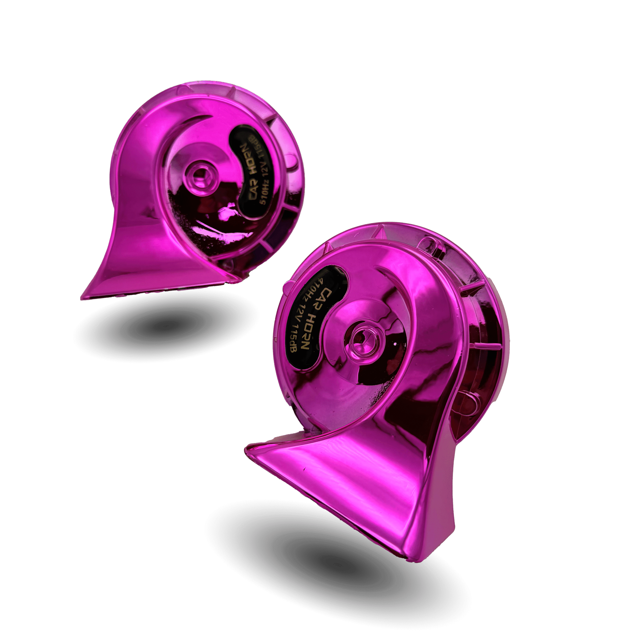 Pair of metallic pink car horn golden box, shiny and modern design on black background