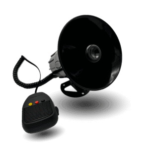 Mic Horn megaphone, public address system, pa system, siren English Black mic horn with attached microphone and coiled cord, suitable for use as a megaphone or public address system with siren function