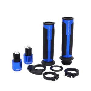 Blue and black hand grip bsddp r1 set for motorcycles, featuring "BARRACUDA" branding, matching bar ends, and mounting hardware.