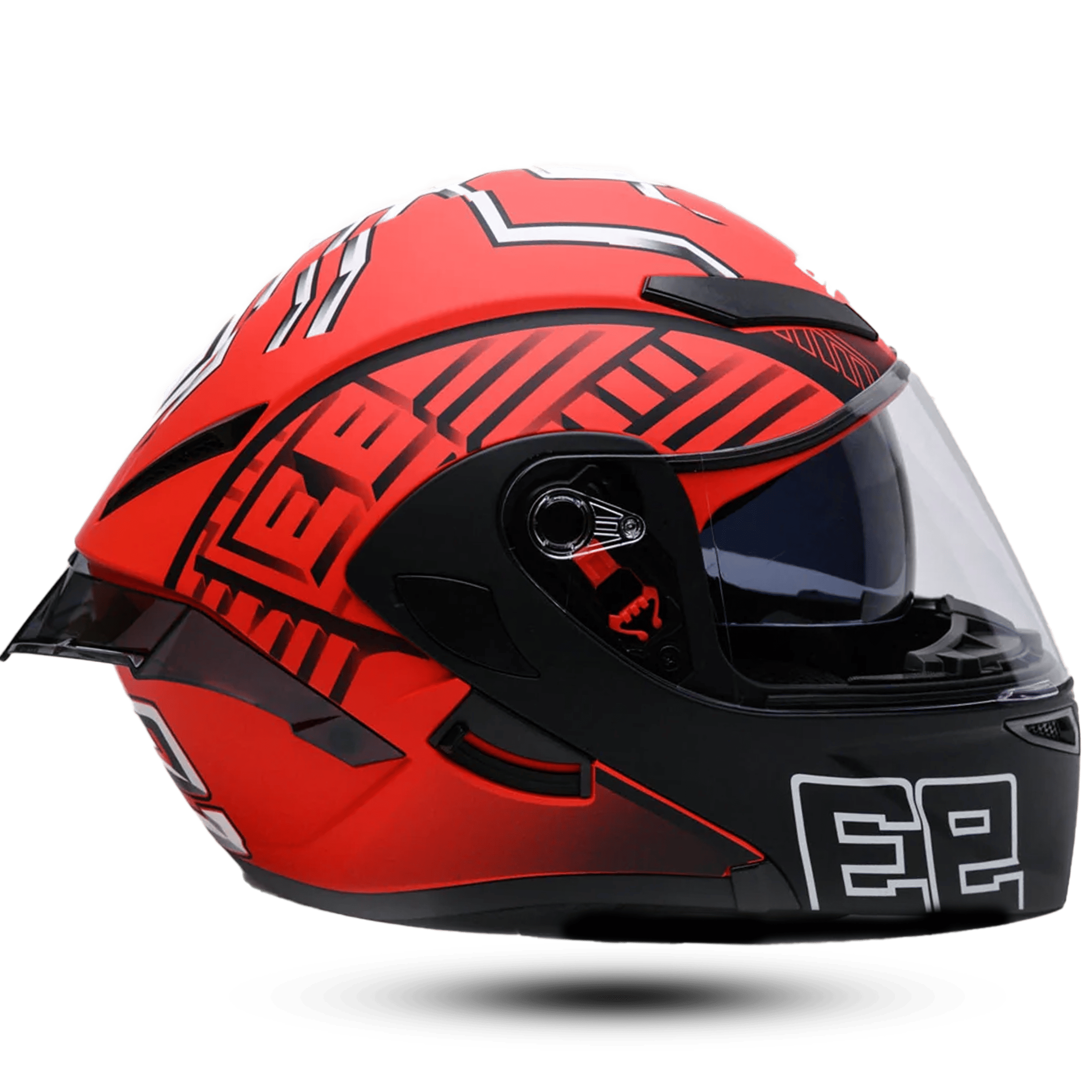 Red helmet vector revo power with black accents, featuring a clear visor and bold graphic designs for motorcycle riders.