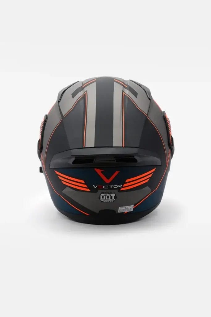 Matte black vector 254 modular orange x helmet, back view. Features gray and orange stripes, aerodynamic design, and DOT certification.