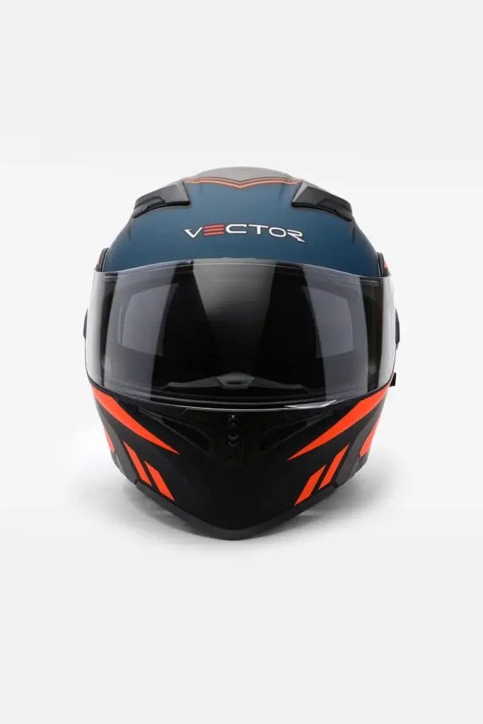 Blue and black vector 254 modular orange x helmet with orange accents and a clear visor, providing full face protection.