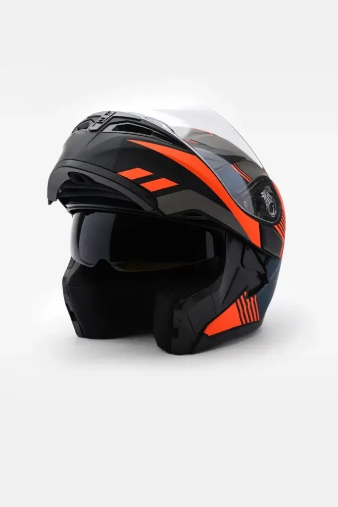 helmet vector 254 modular orange x: Black modular motorcycle helmet with orange accents, flip-up visor, and drop-down sun shield for versatile riding