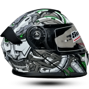 Super Air 912 Dual Visor Modular Flip-Up Helmet – Mecha Graphics, DOT Approved, Size Large - Green/Silver