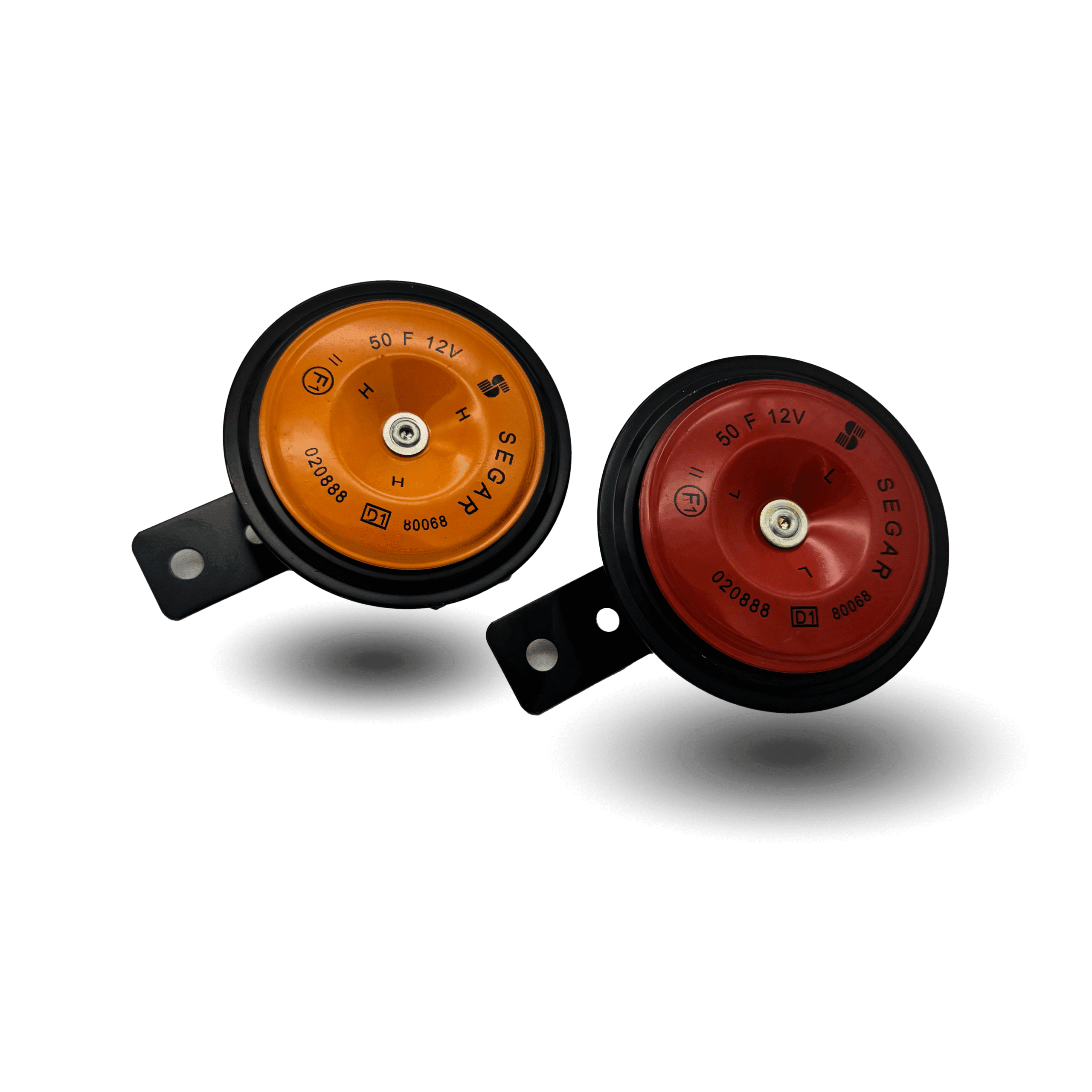 Orange and red segar horn set with mounting brackets. Automotive replacement part.