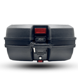 Black JDR box 45 liter, a motorcycle top case with a red reflector, lock, and key, providing secure storage for riders.
