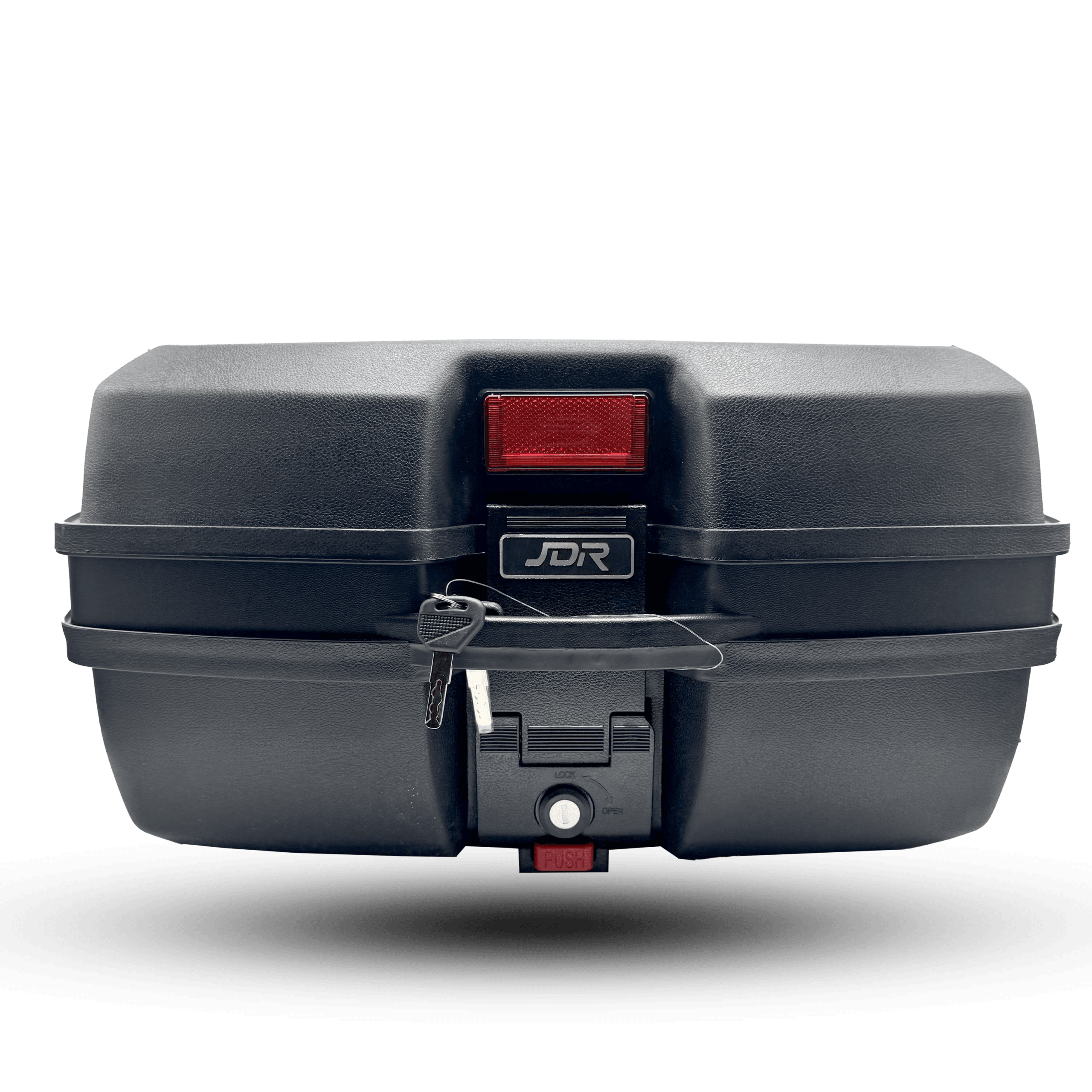 Black JDR box 45 liter, a motorcycle top case with a red reflector, lock, and key, providing secure storage for riders.