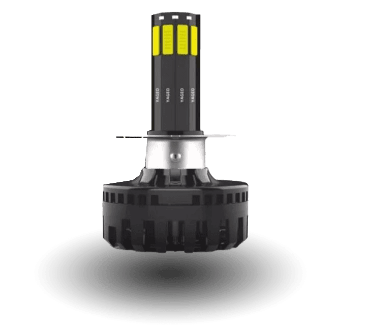 moto led m8 headlight bulb with black heat sink and yellow cooling fins