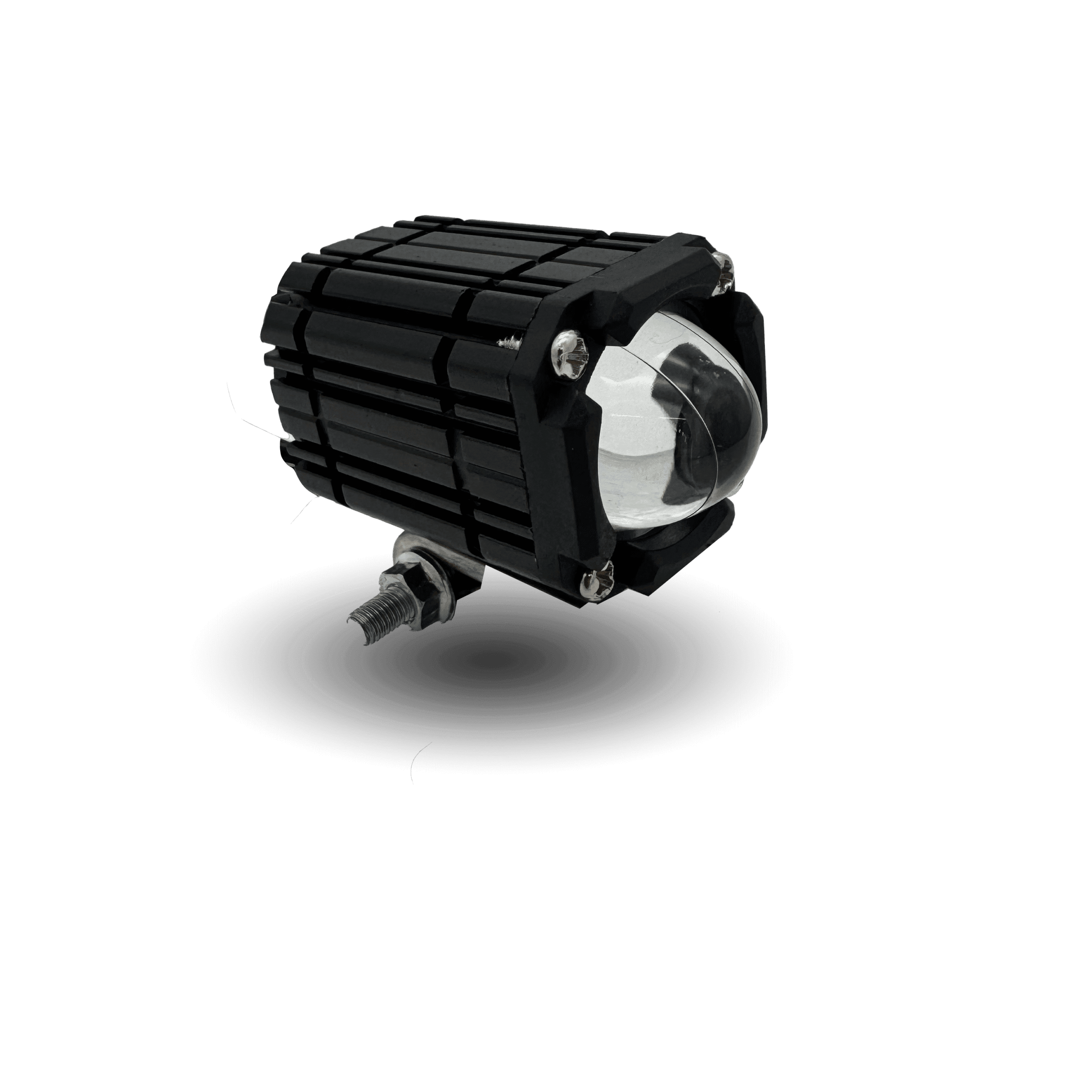Black led metal v6 light with a clear lens, mounted on a bracket with a visible bolt and wires.