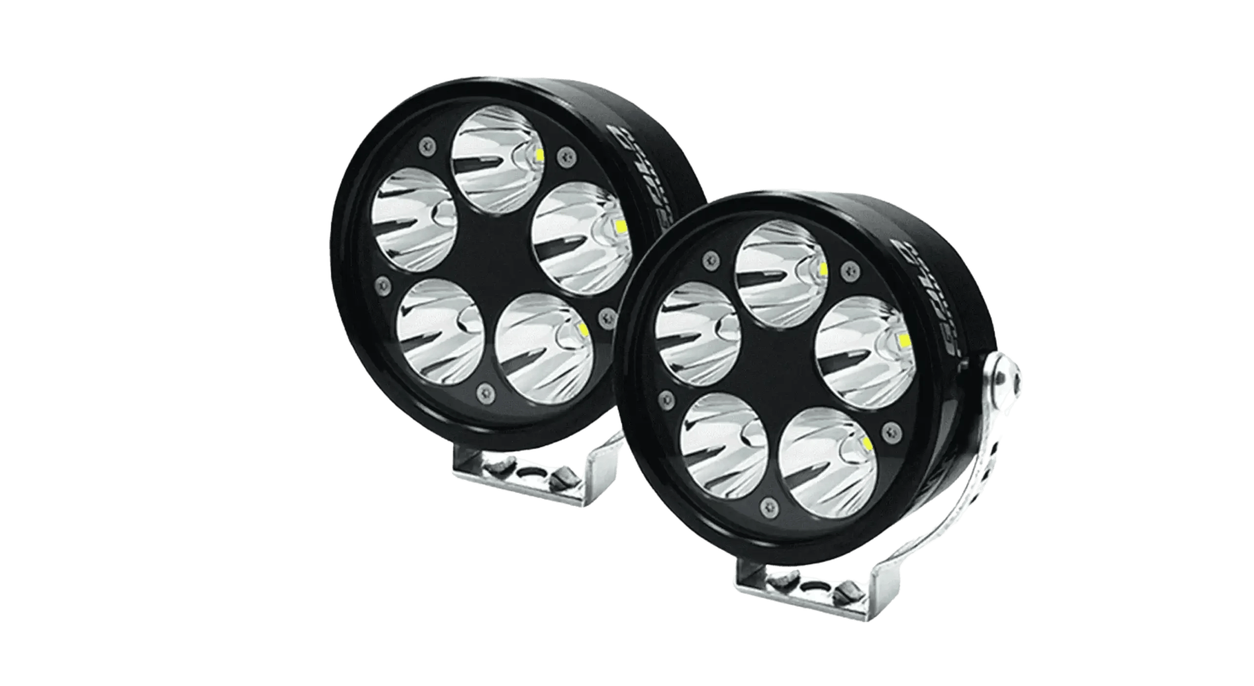 Pair of round LED auxiliary lights with black housings and chrome mounting brackets. Essential motorcycle accessories for enhanced visibility.