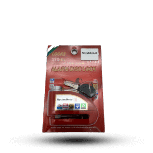 Alarm disc lock in red packaging, featuring a visible lock mechanism, keys, and icons highlighting its 110db alarm, waterproof design, and shock sensor. A perfect guard for your motorcycle.