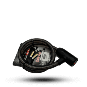 Coiled gray bike cable lock with keys, providing security for bicycles and other vehicles.