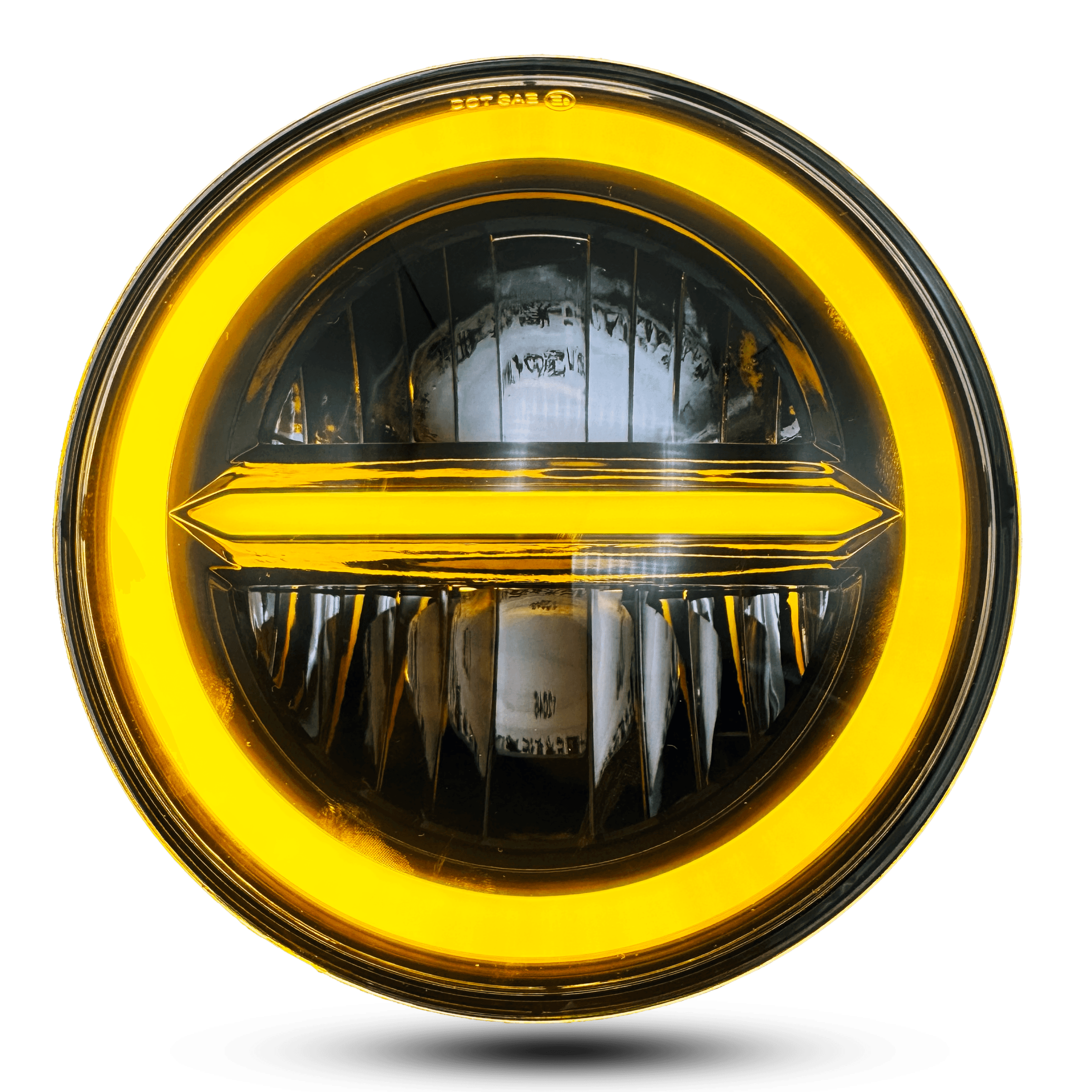led panel x7" motorcycle headlight: round, with a bright yellow halo ring and horizontal bar